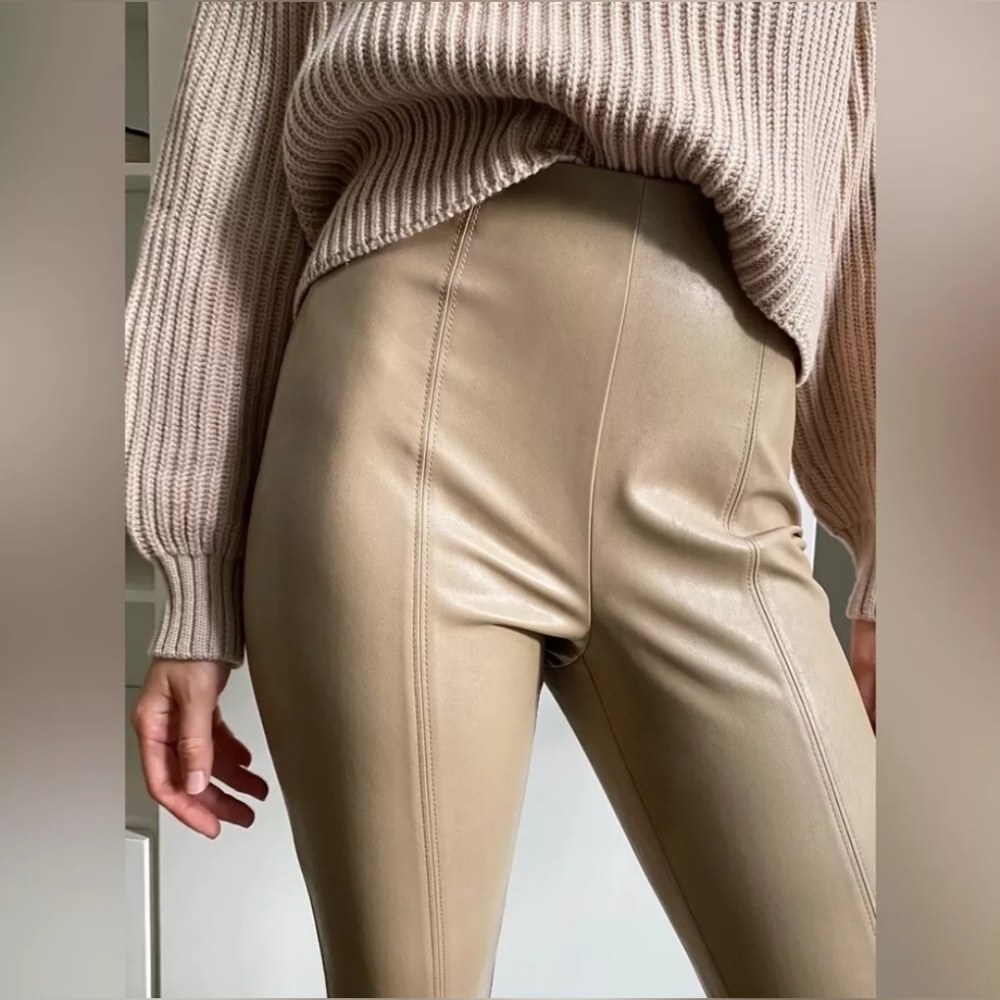 Aritzia Babaton Mace High Waisted Tapered Cigarette Vegan Pants Tan Size 6